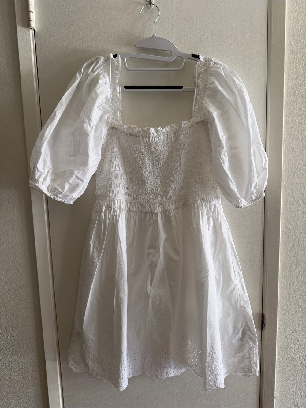 White Puff-Sleeve Smocked Dress
